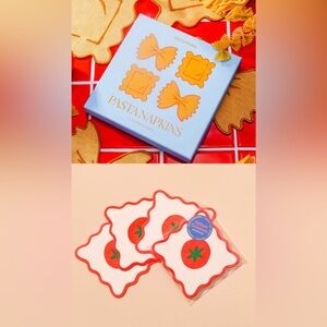 NWT SET Piecework Pasta Linen Cocktail Napkins & Crudite Tomato Vellum Coasters